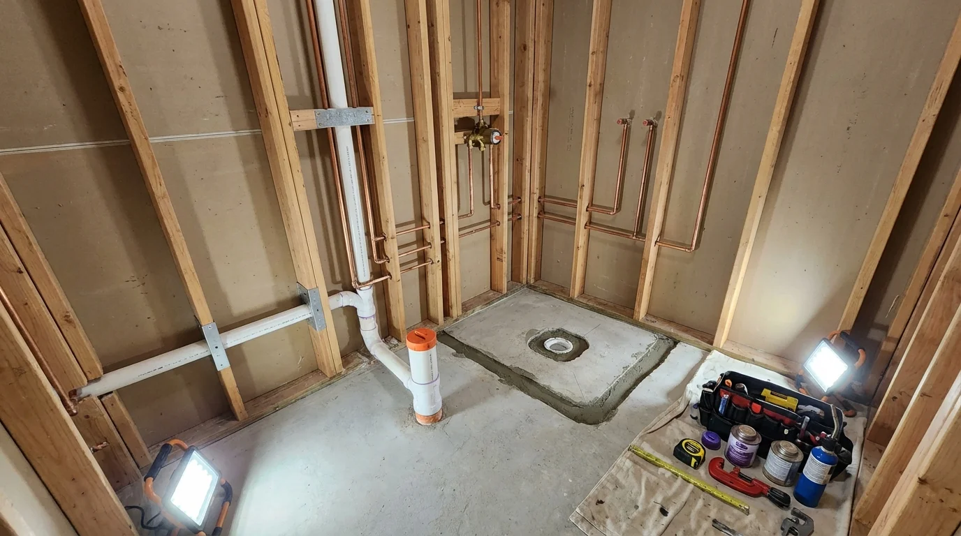 Bathroom rough-in plumbing during remodel by Johns Plumbing LLC in Kiefer