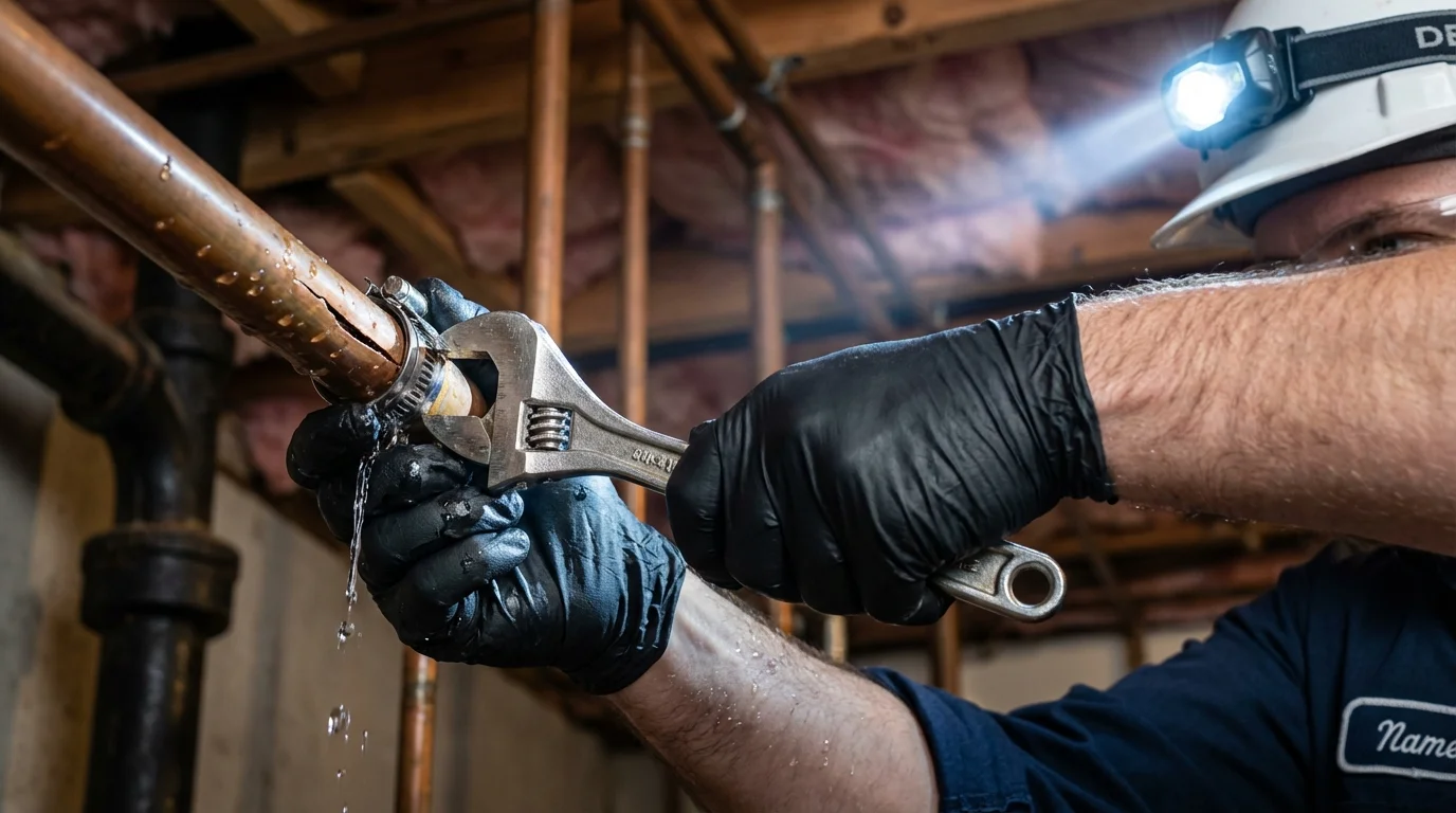 Emergency pipe clamp repair being performed by a Johns Plumbing LLC plumber in Kiefer
