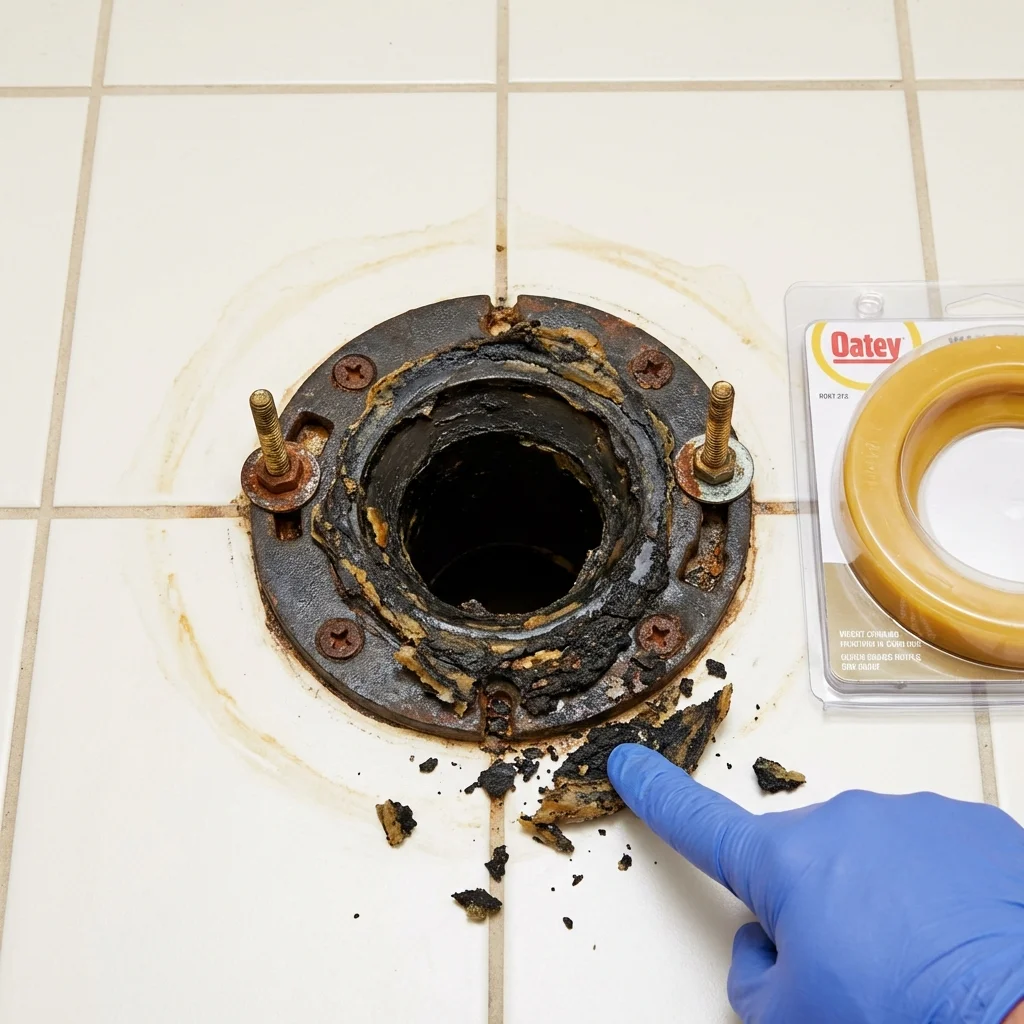 Failed wax ring showing water seepage at the base of a toilet in a Kiefer, OK home