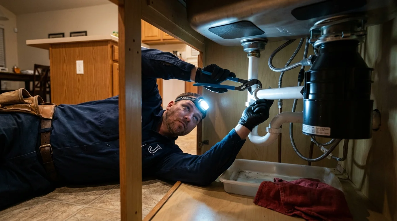 P-trap and supply line connections under a kitchen sink showing a common leak point in Kiefer, OK